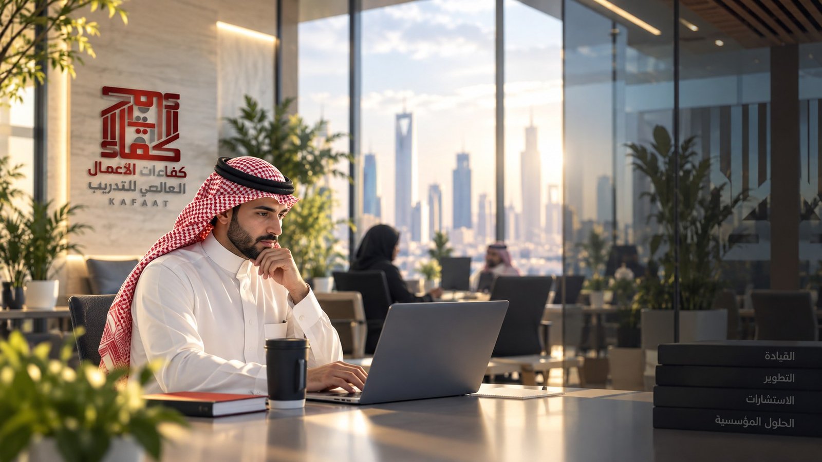 مهني سعودي يعمل على حاسوبه في مساحة عمل عصرية بمعهد كفاءات